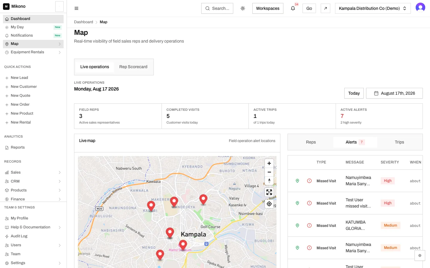 Alerts when a stop is skipped or a truck stands still